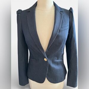 Express Blue & White Fitted Pinstripe Blazer w/pouf shoulders gold button Size 6
